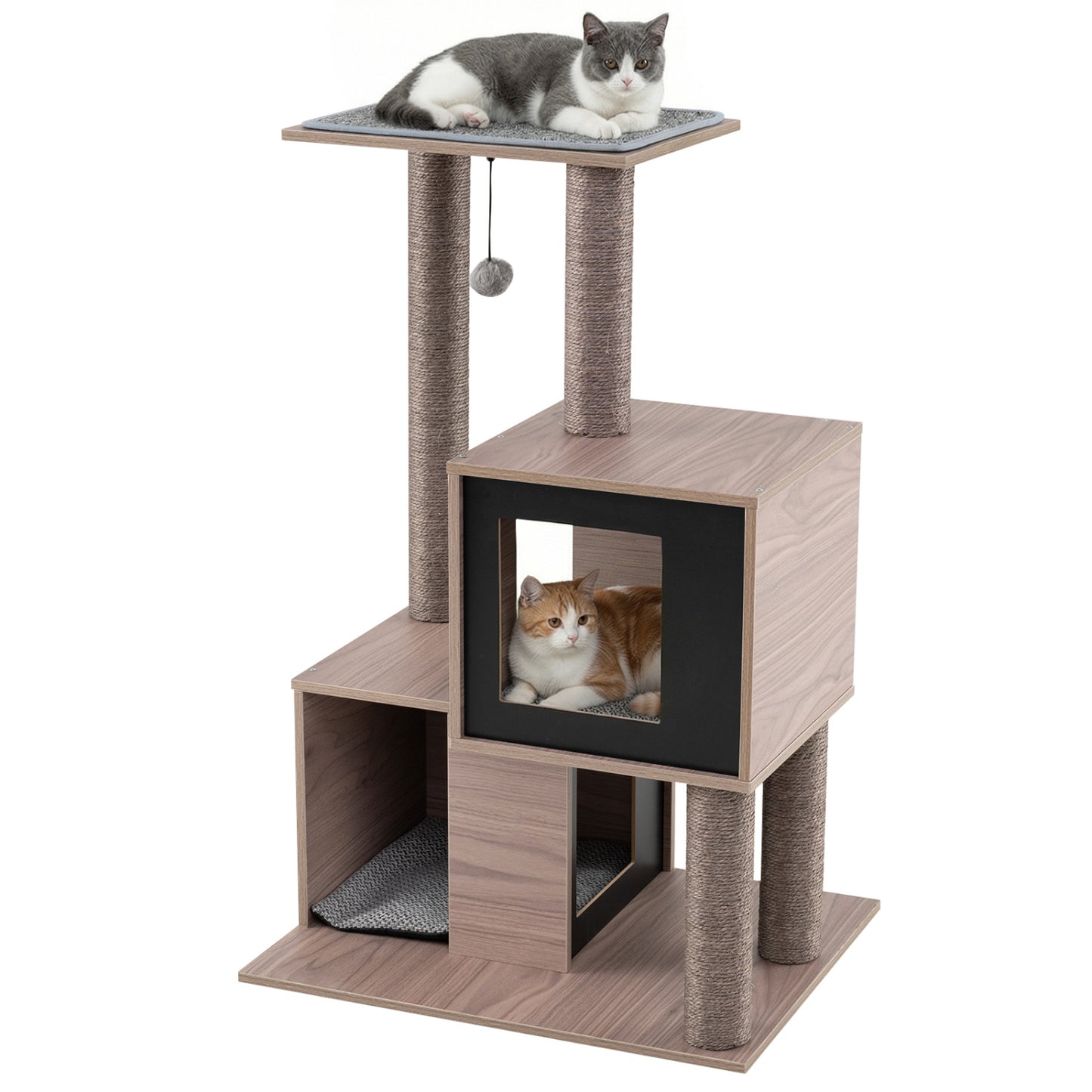 37 Inch Multi-Level Wooden Cat Tower with Condos and Perch-Gray