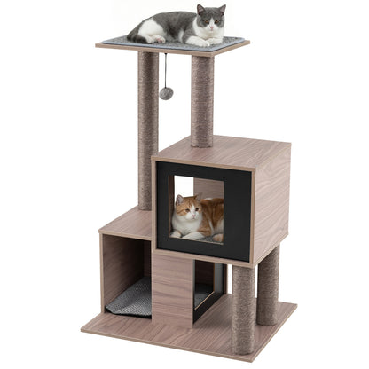 37 Inch Multi-Level Wooden Cat Tower with Condos and Perch-Gray