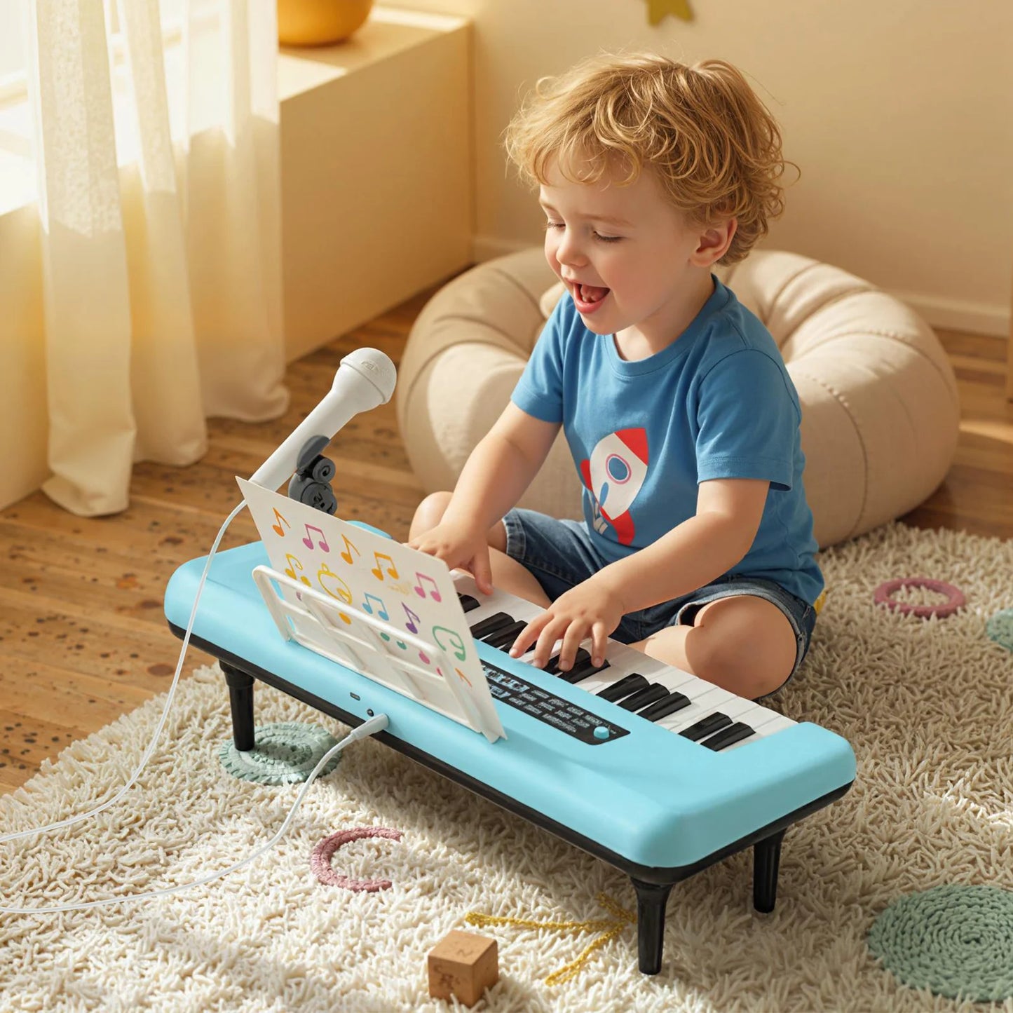 37 Keys Kids Piano Keyboard Portable Musical Toy with Microphone and Music Stand-Blue