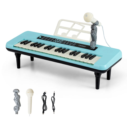 37 Keys Kids Piano Keyboard Portable Musical Toy with Microphone and Music Stand-Blue