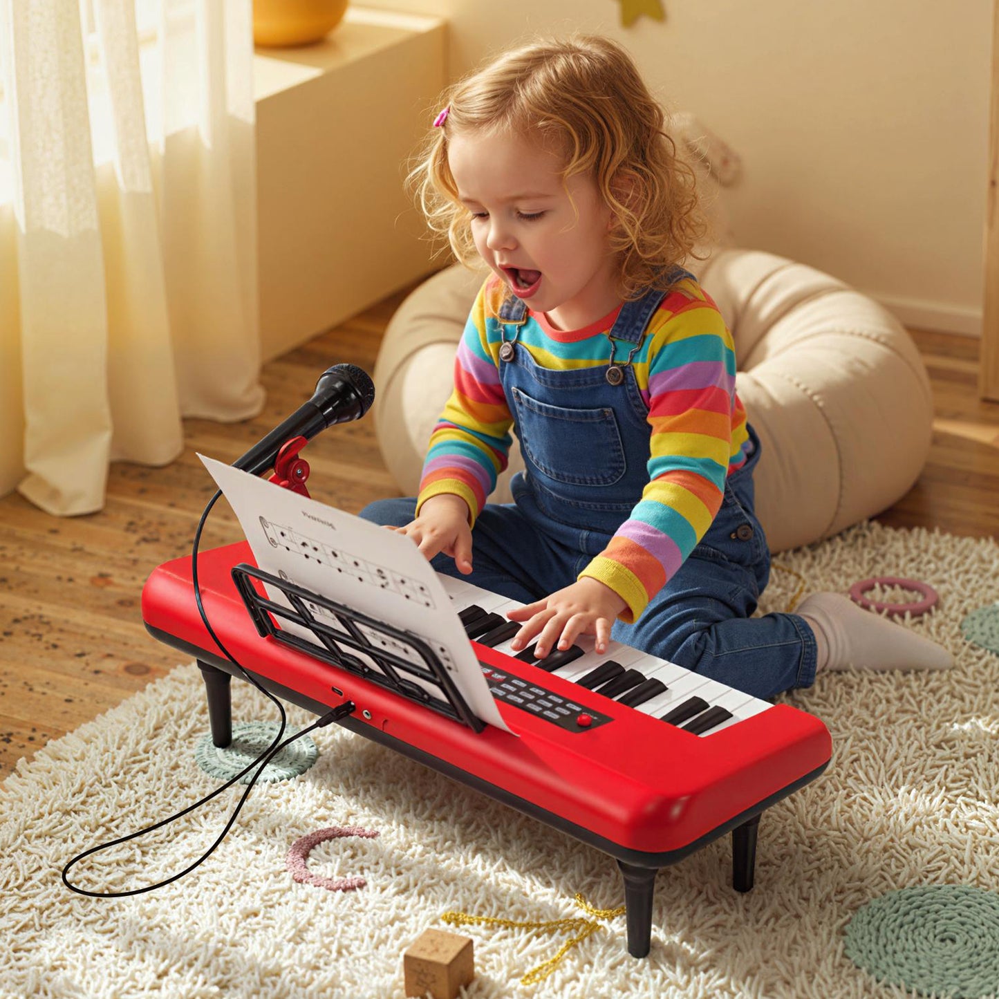 37 Keys Kids Piano Keyboard Portable Musical Toy with Microphone and Music Stand-Blue