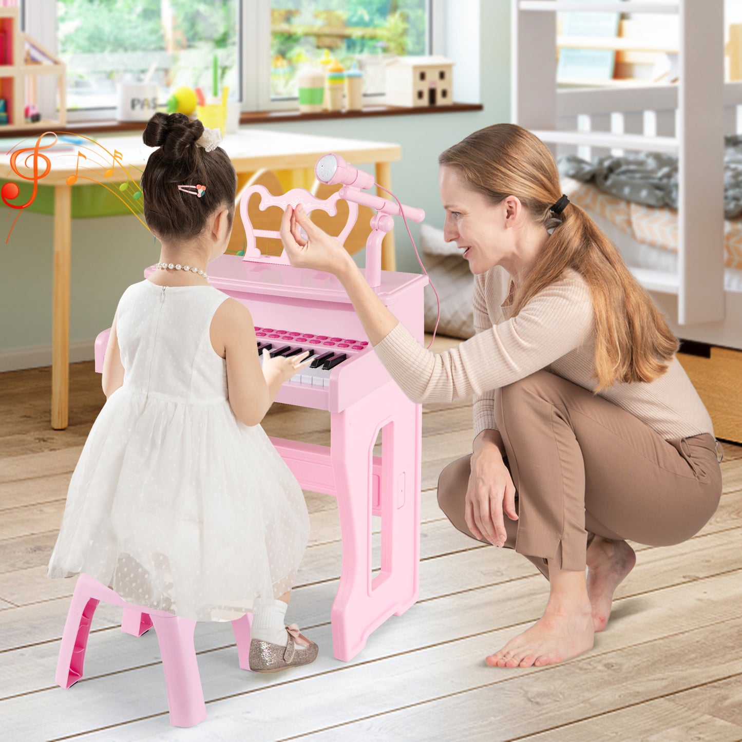 37 Keys Music Piano with Microphone Kids Piano Keyboard with Detachable Music Stand-Pink