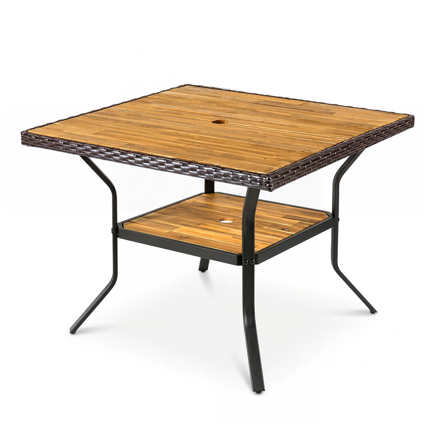 Square outdoor dining table for 4 with acacia wood tabletop and umbrella hole, brown finish, by Direct by Wilsons Home Store.