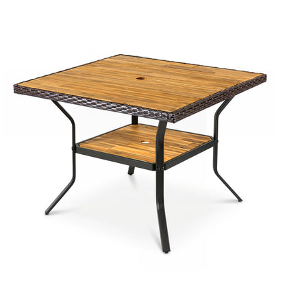 Square outdoor dining table for 4 with acacia wood tabletop and umbrella hole, brown finish, by Direct by Wilsons Home Store.