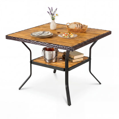 Square outdoor dining table for 4 with acacia wood tabletop, 2-inch umbrella hole, in brown, by Wilsons Home Store
