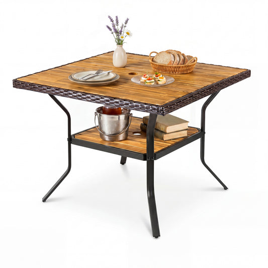 Square outdoor dining table for 4 with acacia wood tabletop, 2-inch umbrella hole, in brown, by Wilsons Home Store
