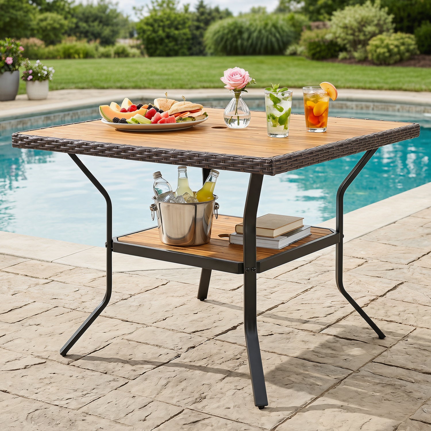 Square outdoor dining table for 4 with acacia wood tabletop, 2-inch umbrella hole, brown finish, ideal for patio or garden dining.