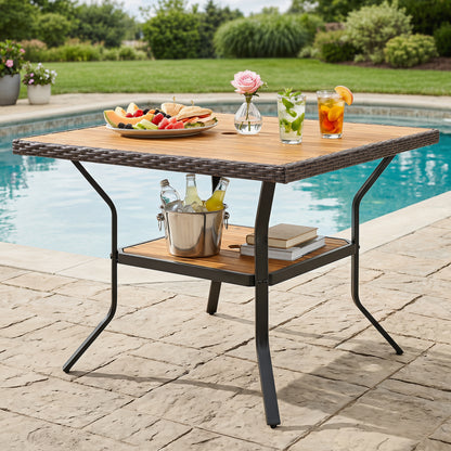 Square outdoor dining table for 4 with acacia wood tabletop, 2-inch umbrella hole, brown finish, ideal for patio or garden dining.