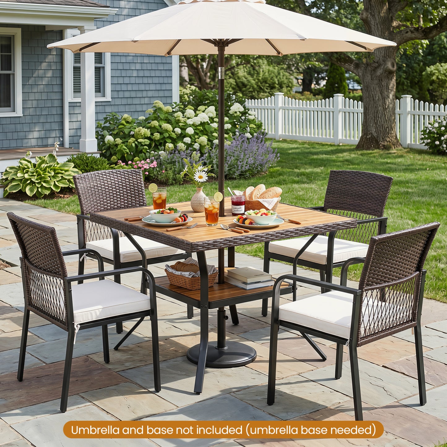 Brown 37-inch square outdoor dining table with acacia wood tabletop and 2-inch umbrella hole, designed for four people.