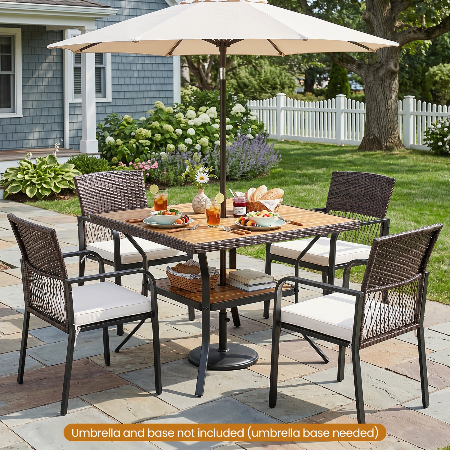 Brown 37-inch square outdoor dining table with acacia wood tabletop and 2-inch umbrella hole, designed for four people.
