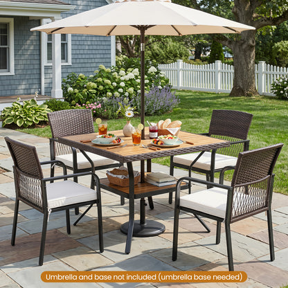 Brown 37-inch square outdoor dining table with acacia wood tabletop and 2-inch umbrella hole, designed for four people.