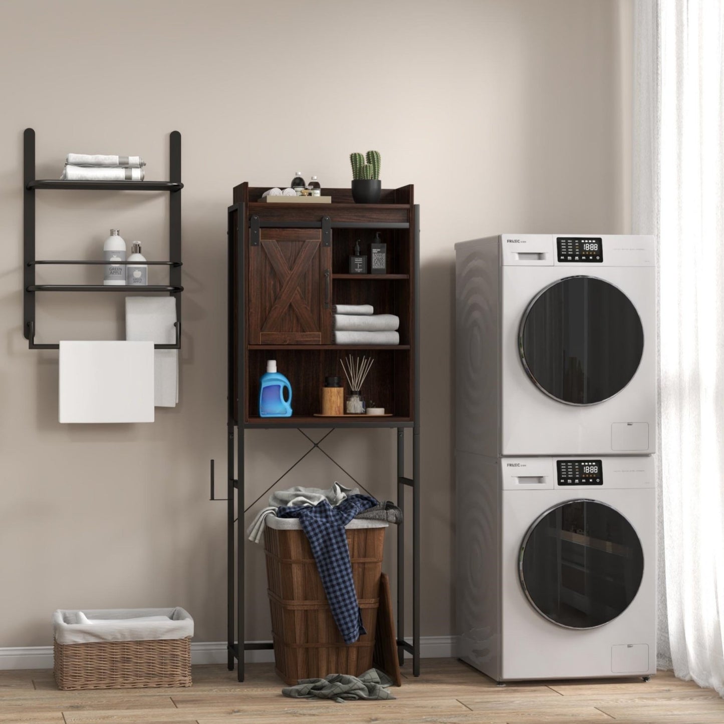Laundry Room Bundle: Wooden Cabinet Wall-Mounted Bathroom Storage  Clothe Dryer  Laundry Basket