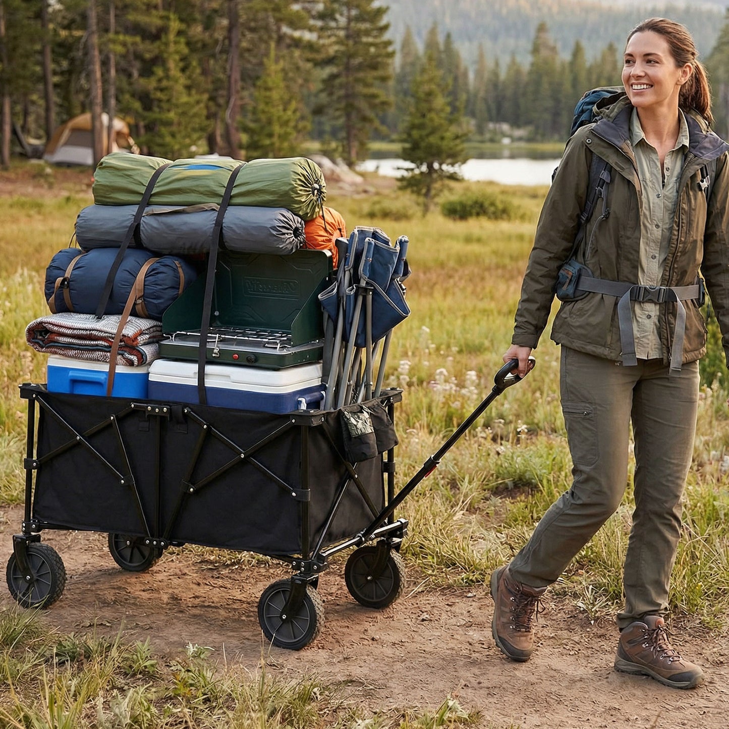 38 Inch 400 LBS Heavy-Duty Collapsible Wagon Cart with Adjustable Handle for Camping Garden-Black