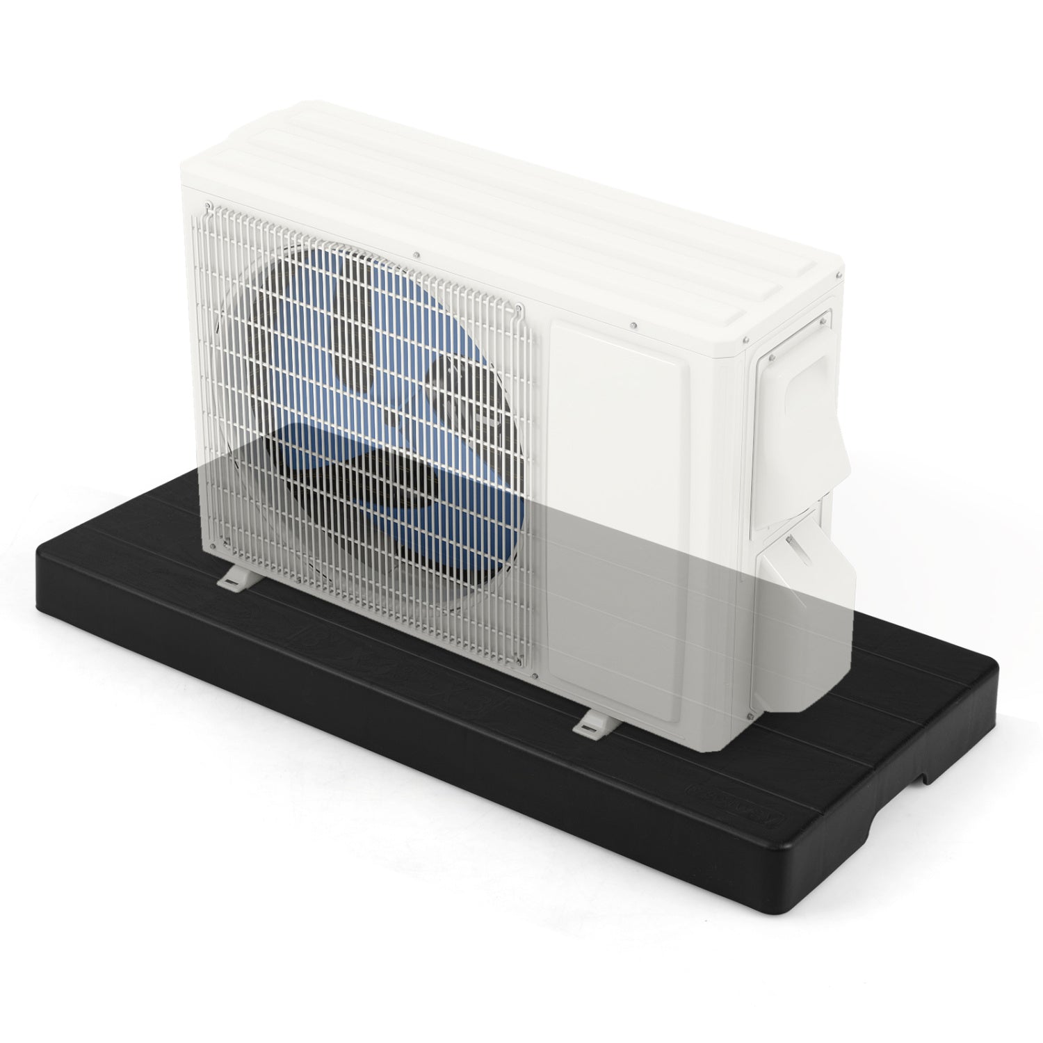 Black 38x18x3 inch mini split condenser pad for ductless heat pump HVAC systems, used as a foundation for outdoor AC units.