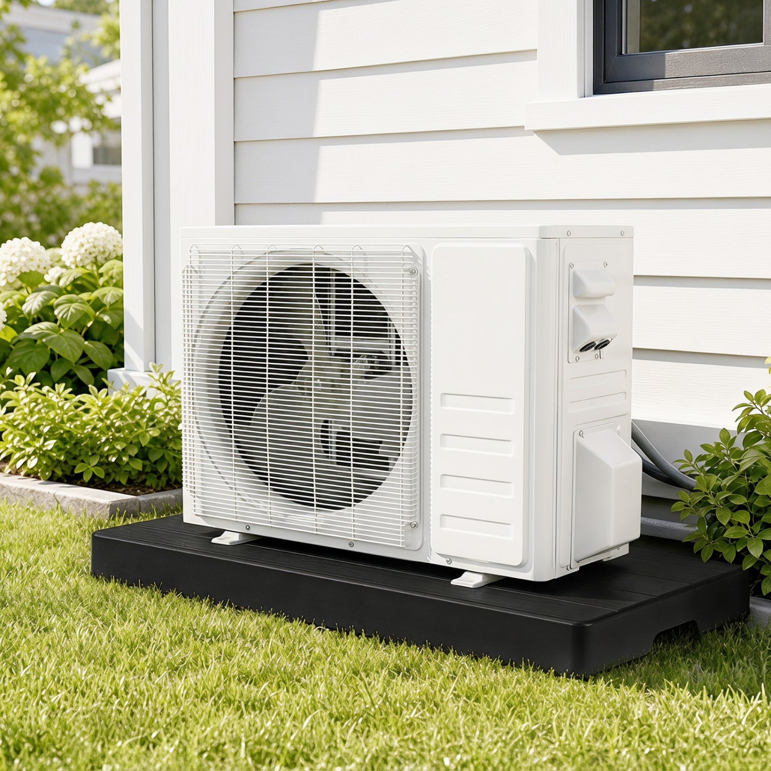 Black 38x18x3 inch mini split condenser pad for ductless heat pump and HVAC systems, made for mini split air conditioners.
