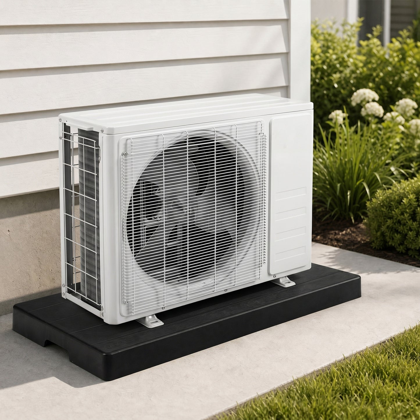 Black 38"x18"x3" mini split condenser pad for ductless heat pump HVAC systems, durable and weather-resistant.