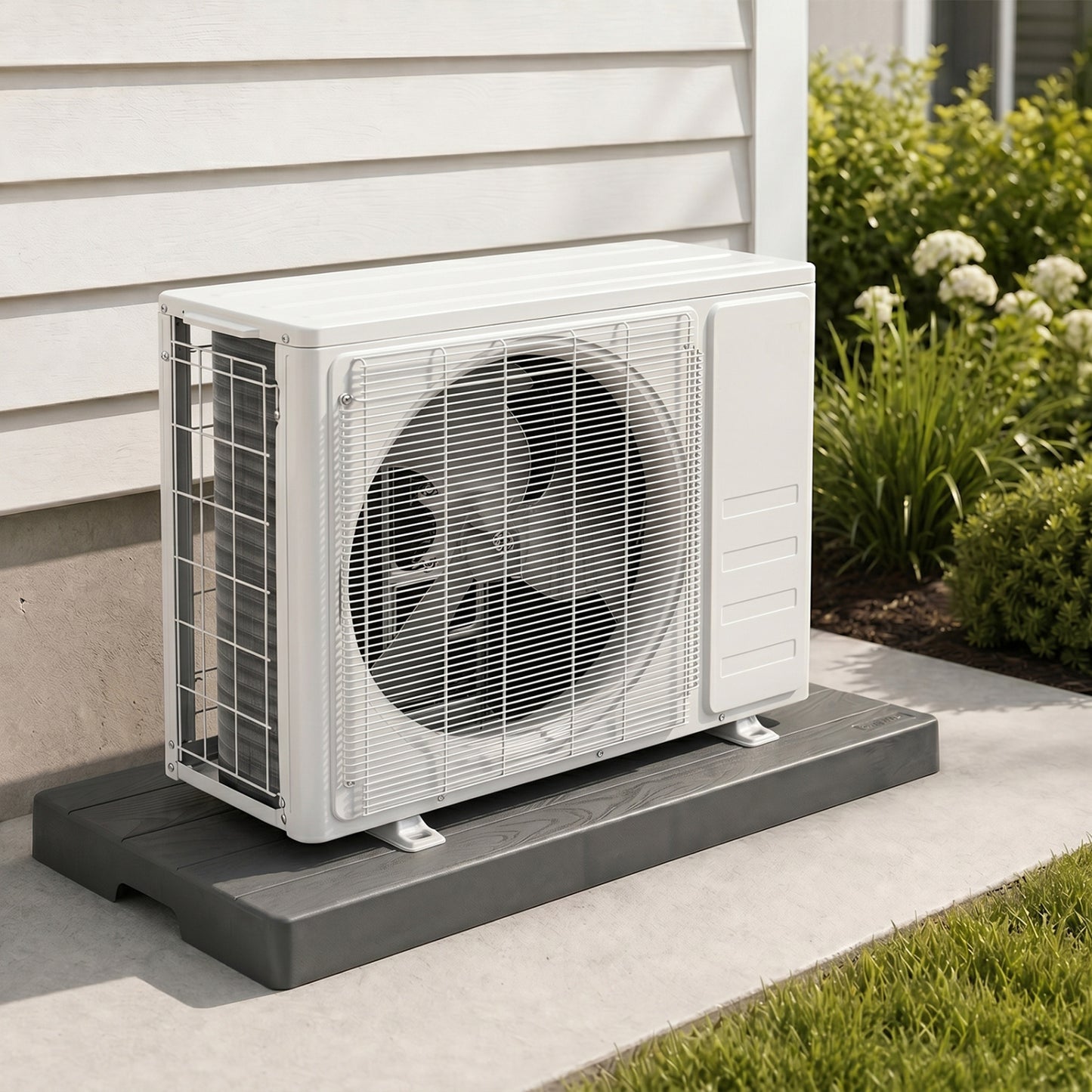 Black 38x18x3-inch mini split condenser pad for ductless heat pump and HVAC systems, providing stable support for outdoor units.