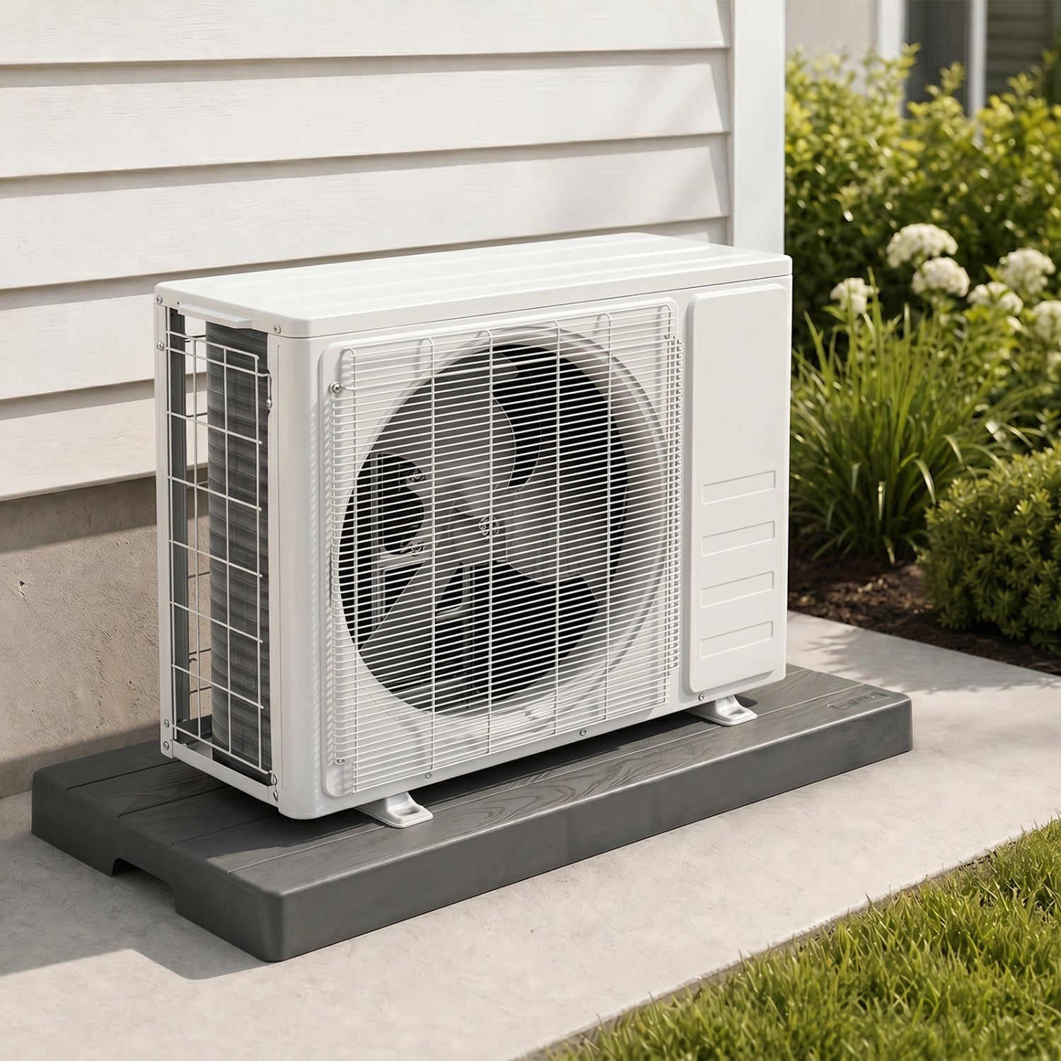 Black 38x18x3-inch mini split condenser pad for ductless heat pump and HVAC systems, providing stable support for outdoor units.