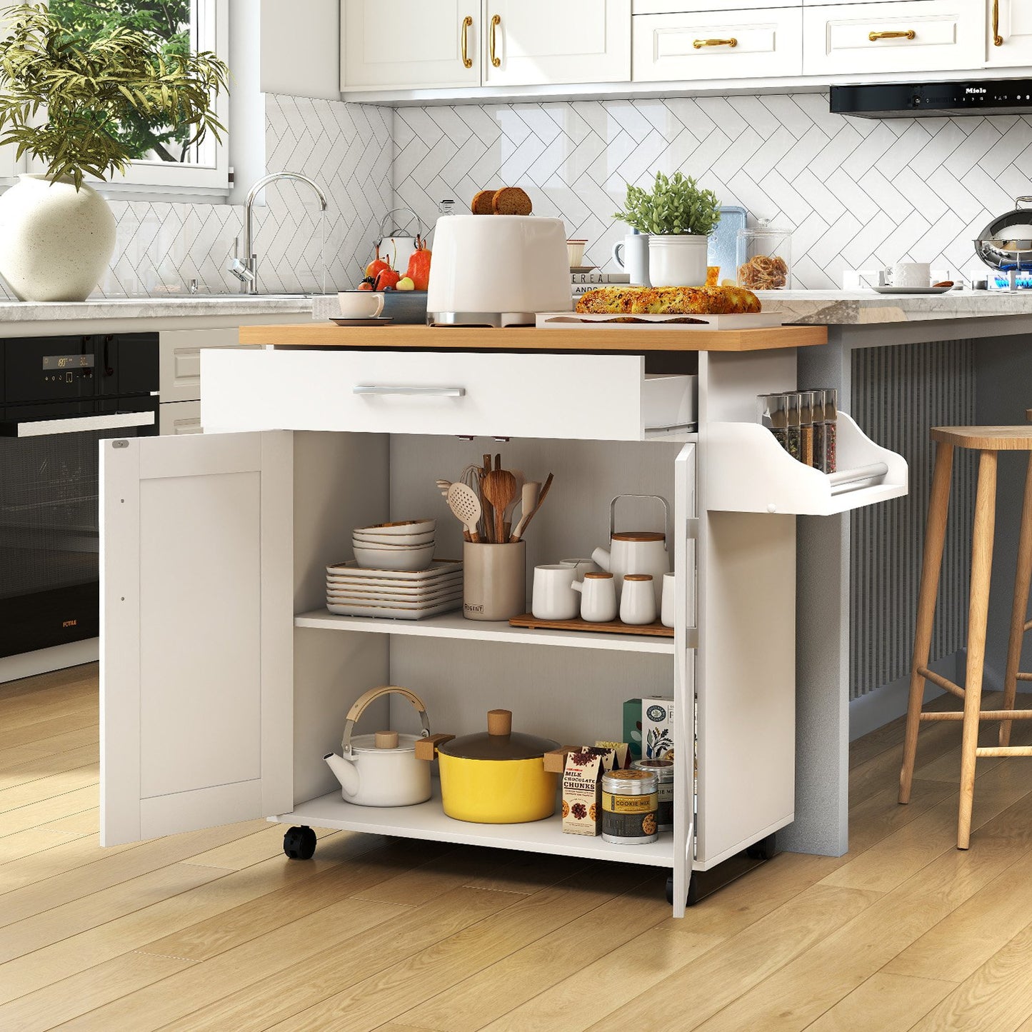 Rolling Kitchen Island Cart with Towel and Spice Rack-Black