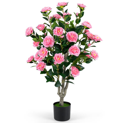 Artificial 39.5-inch Camellia tree with orange blossoms in cement pot for home decor, pink faux plant by Wilsons Home Store