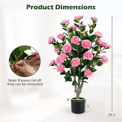 Artificial camellia tree with pink blossoms in a cement pot, ideal for home decor and faux plants.