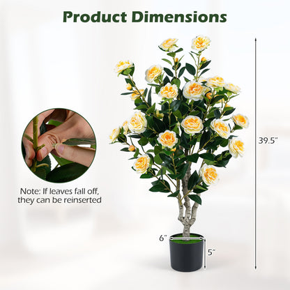 Pink artificial camellia tree with orange blossoms in a cement pot, perfect for home decor, by Wilsons Home Store.