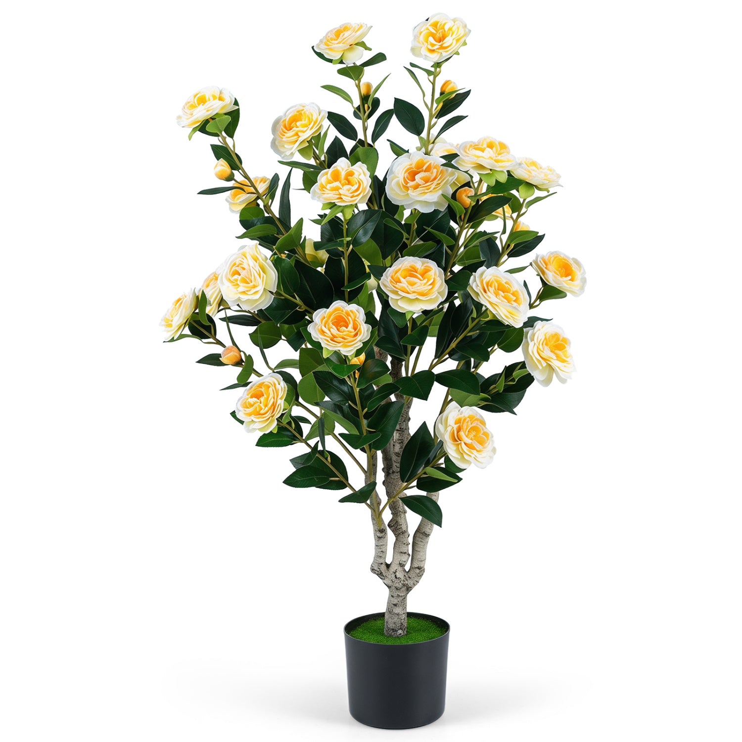 39.5-inch artificial camellia tree with orange blossoms in a cement pot, pink faux plant for home decor.