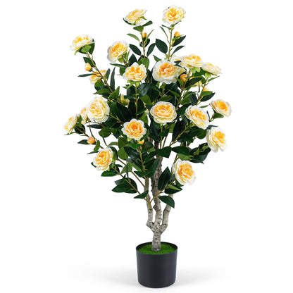 39.5-inch artificial camellia tree with orange blossoms in a cement pot, pink faux plant for home decor.