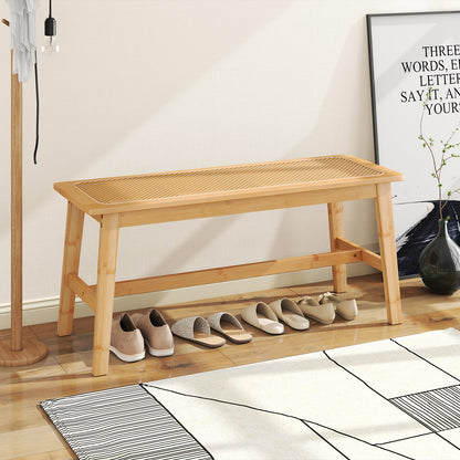 39.5 Inch Bamboo Dining Bench with Handwoven Rattan Seat for Indoor Outdoor-Natural