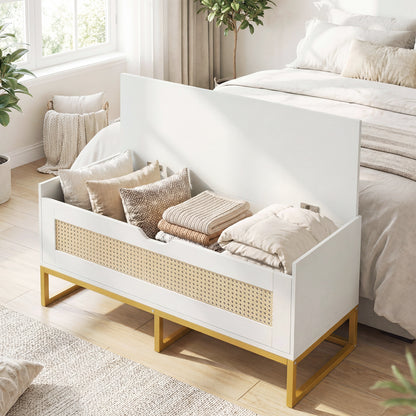 39.5" Rattan Storage Chest Wicker Shoe Bench with Padded Seat Flip-Top-White