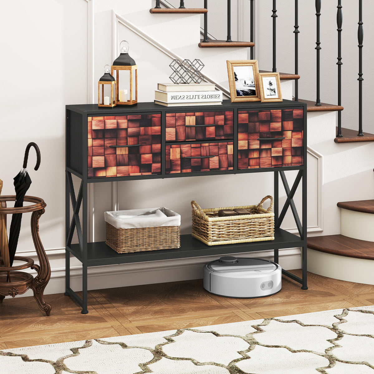 39" Console Table with 4 Fabric Drawers and Open Shelf and Anti-Tipping Device-Coffee & Black