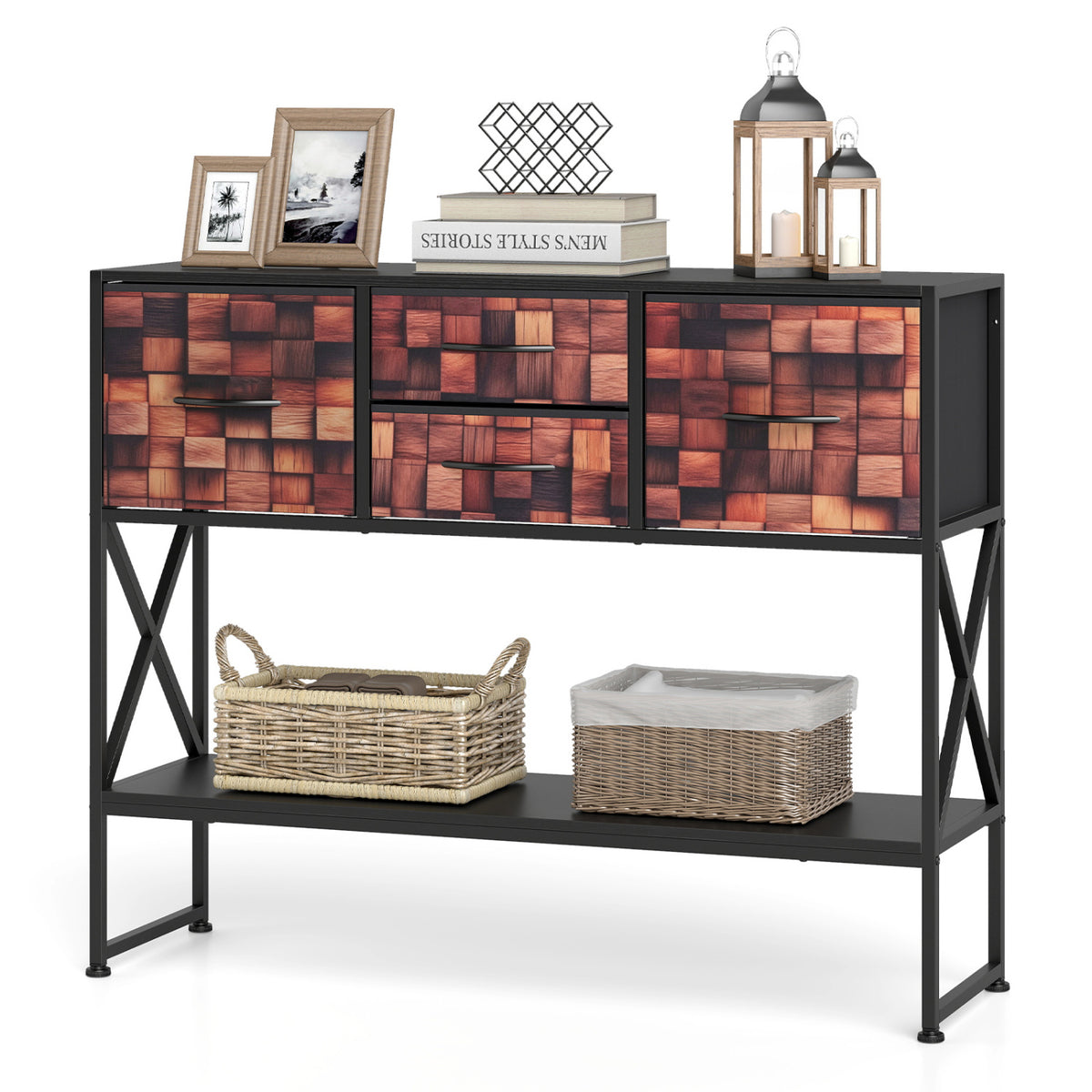 39" Console Table with 4 Fabric Drawers and Open Shelf and Anti-Tipping Device-Coffee & Black