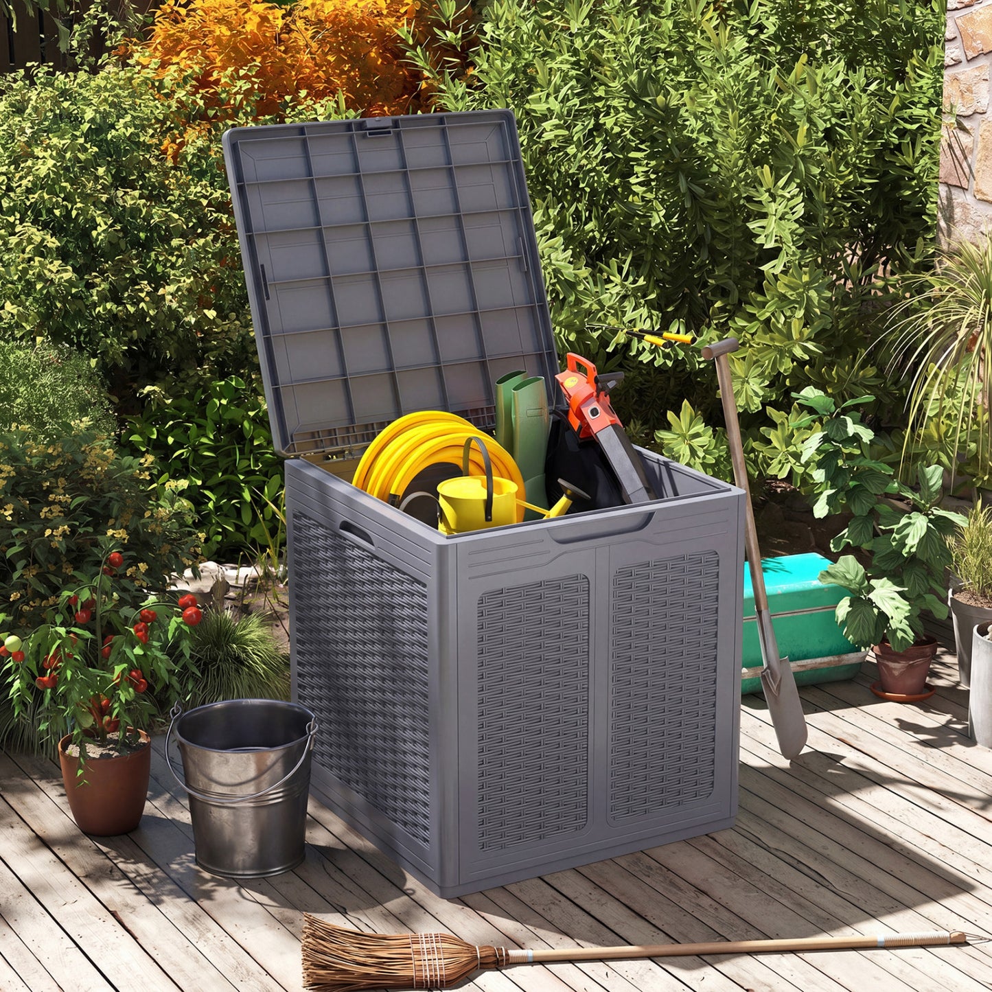 Gray 39-gallon deck box with lockable lid, outdoor storage for patio furniture cushions and garden tools by Wilsons Home Store