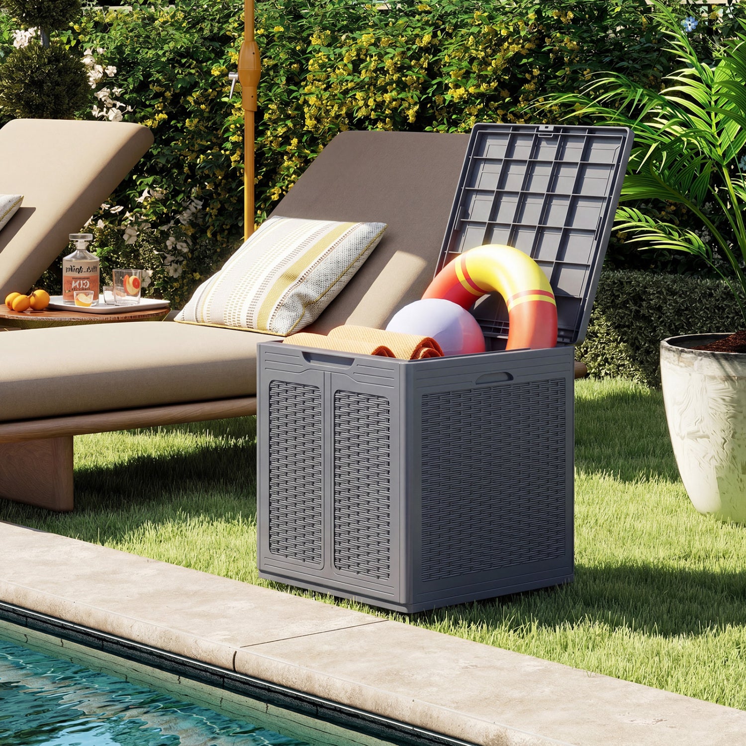 Gray 39-gallon deck box with lockable lid for outdoor patio furniture cushions, made by Direct by Wilsons Home Store.