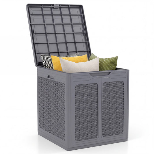 Gray 39-gallon deck box with lockable lid, ideal for patio furniture cushions and outdoor storage by Wilsons Home Store.