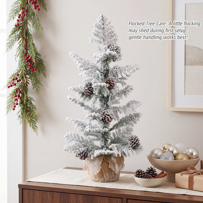 3FT Mini Tabletop Christmas Tree with Snow Flocked Palm-Shaped PE Leaves