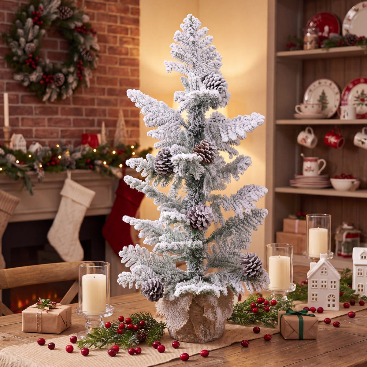 3FT Mini Tabletop Christmas Tree with Snow Flocked Palm-Shaped PE Leaves