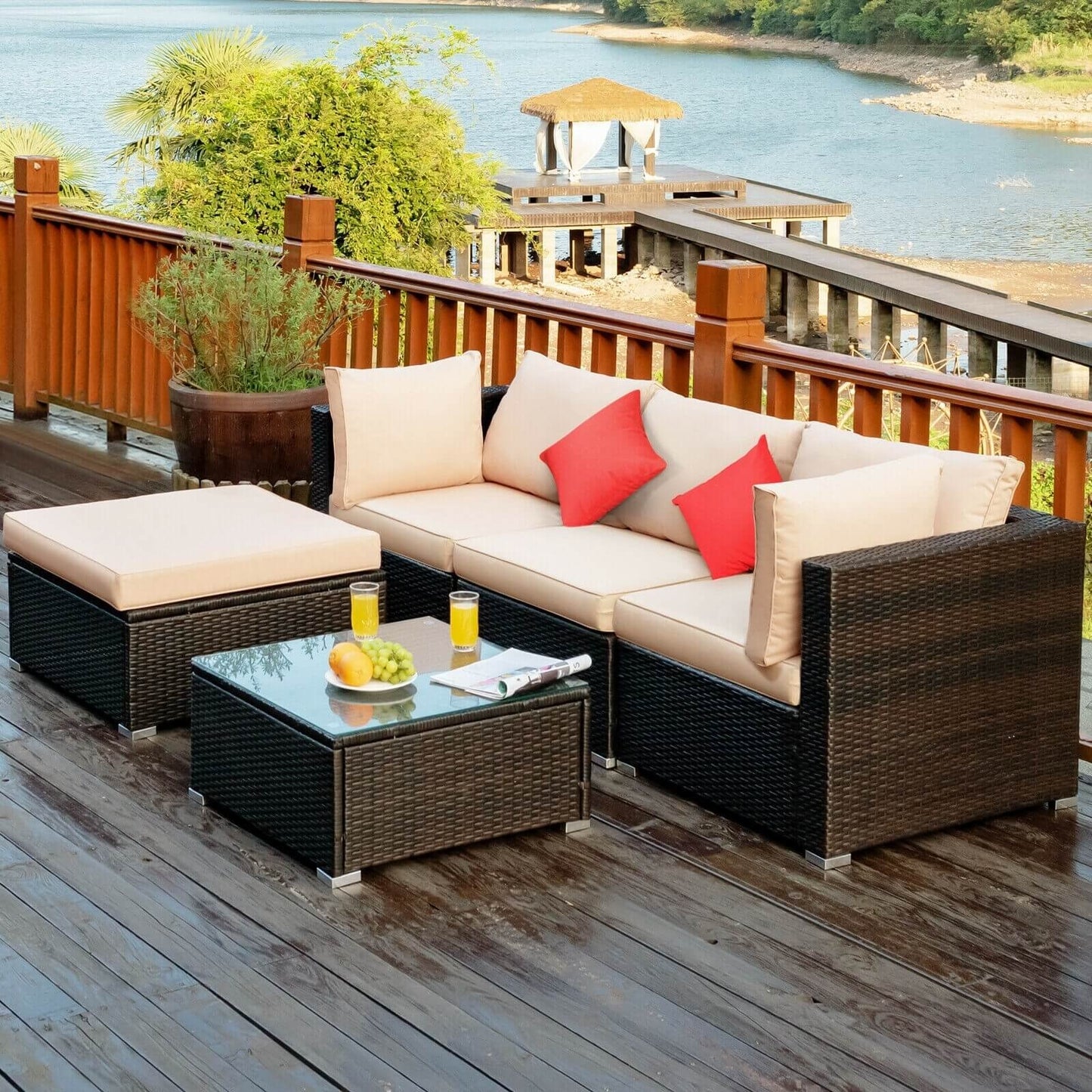 5 Pieces Outdoor Patio Rattan Furniture Set Sectional Conversation with Cushions-Beige