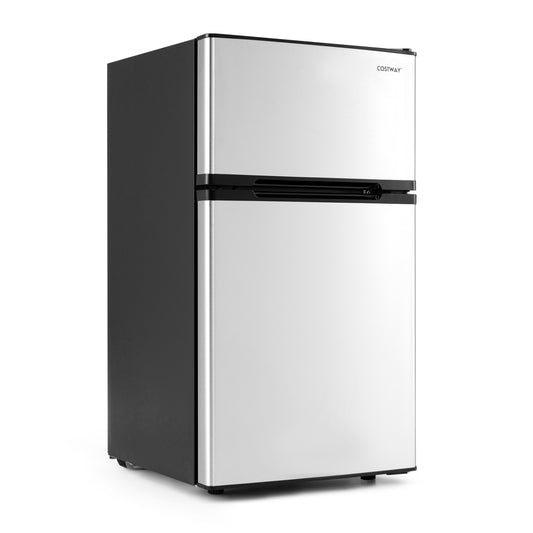 3.2 Cu.Ft Mini Fridge with Freezer Double Door Small Refrigerator with Adjustable Thermostat-Silver