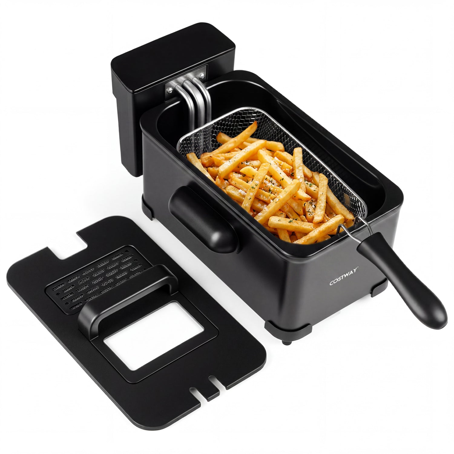 Black 3.2-quart electric deep fryer with 1700W LED touch screen and enamel oil tank, suitable for kitchen appliances and air frying.