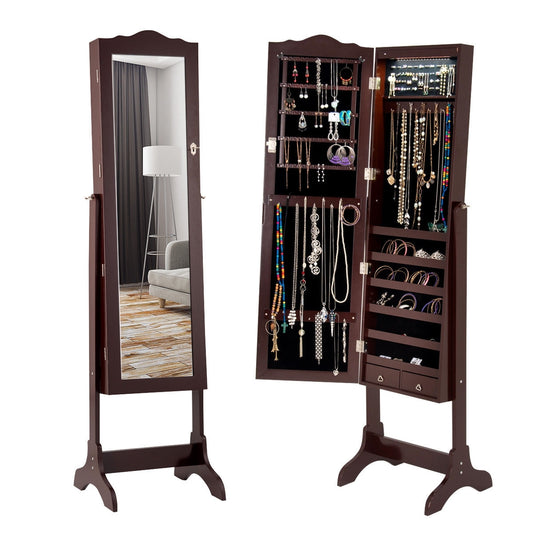 Mirrored Jewelry Cabinet Storage With Drawer And Led Lights -Coffee