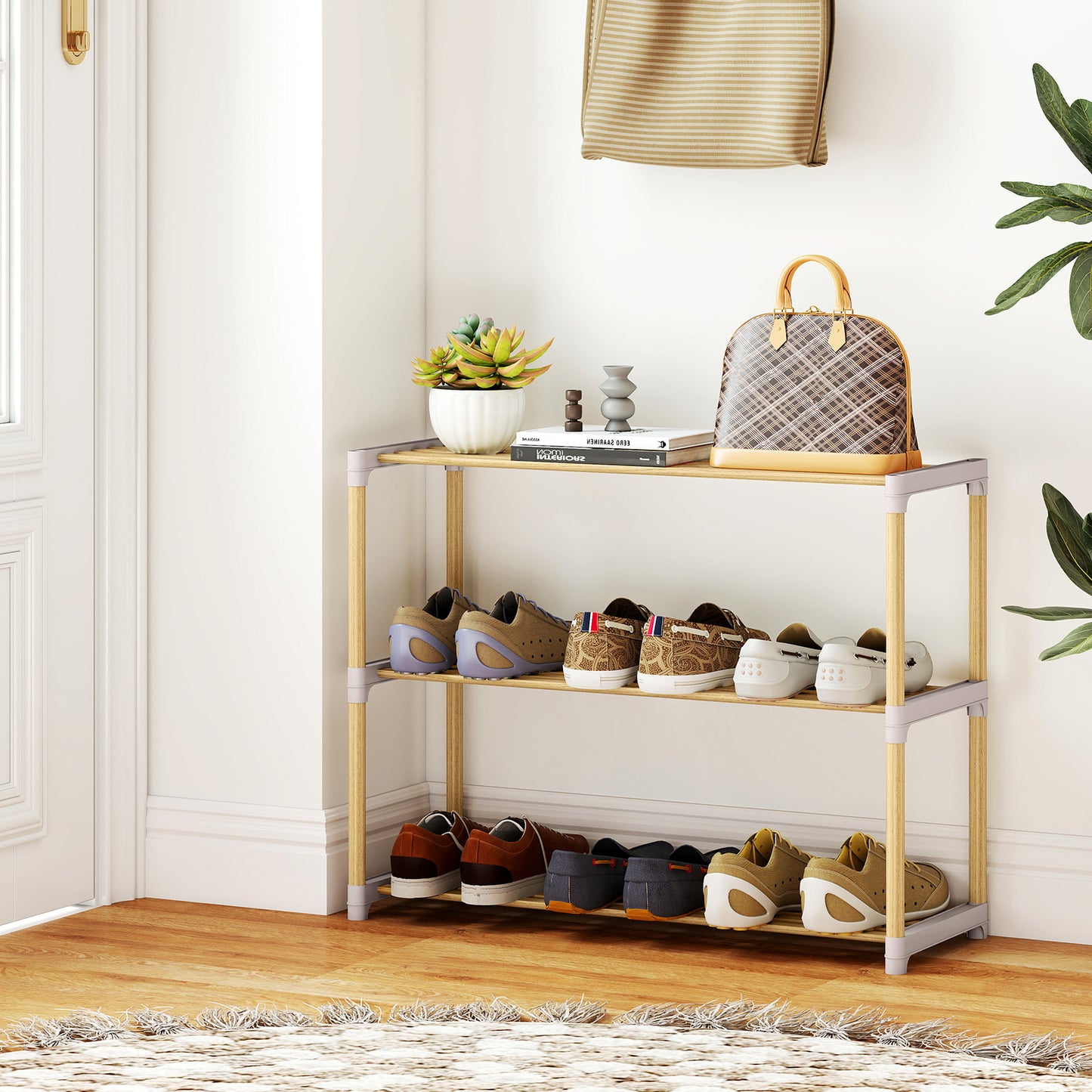 3/4-Tier Solid Wood Shoe Rack with Slatted Open Shelves-3-Tier