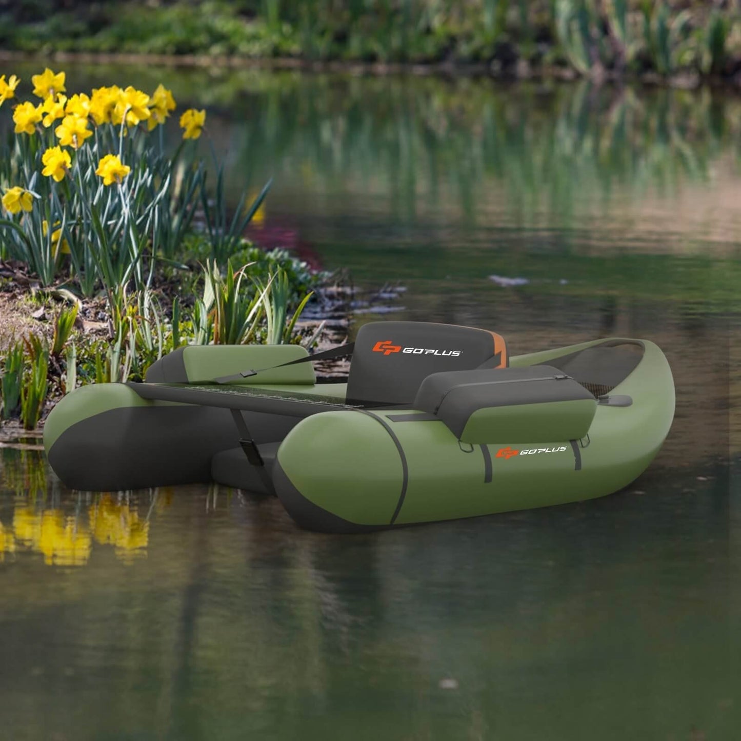 Inflatable Fishing Float Tube with Pump Storage Pockets and Fish Ruler-Beige