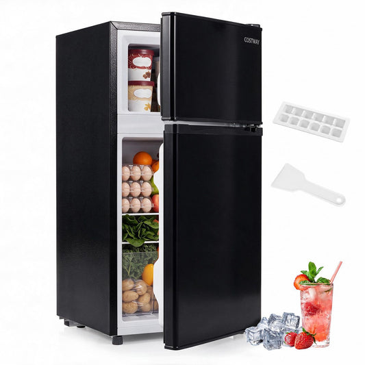 Black 3.5 cu ft mini refrigerator by Wilsons Home Store, 2-door design with freezer, 7-level thermostat, and removable glass shelves.