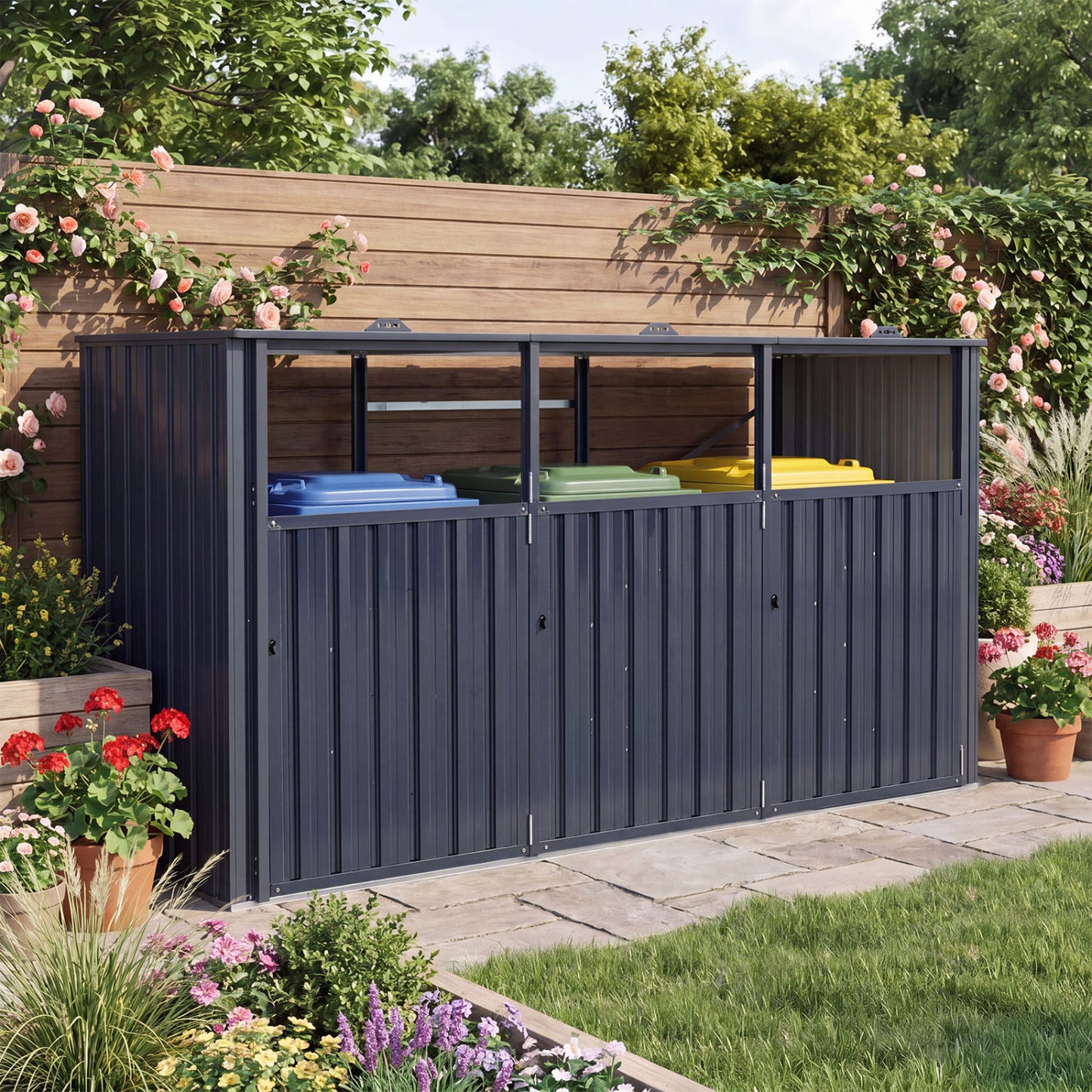 3-Bin Metal Trash Can Storage Shed with Flip-Up Lids for Yard-Dark Gray