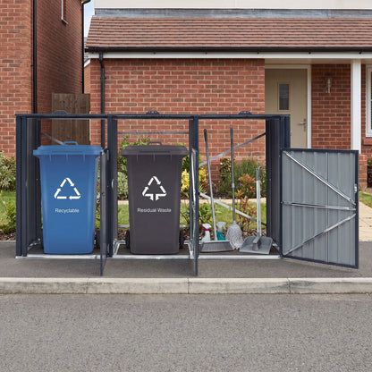 3-Bin Metal Trash Can Storage Shed with Flip-Up Lids for Yard-Dark Gray