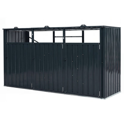 3-Bin Metal Trash Can Storage Shed with Flip-Up Lids for Yard-Dark Gray