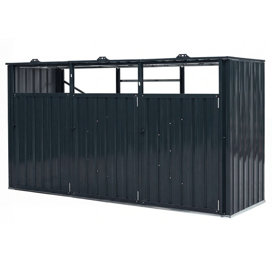 3-Bin Metal Trash Can Storage Shed with Flip-Up Lids for Yard-Dark Gray