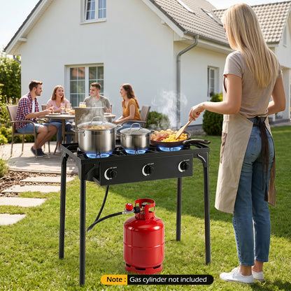 Black 3-burner propane stove with adjustable regulator and hose, ideal for camping outdoor grilling and BBQ cooking.