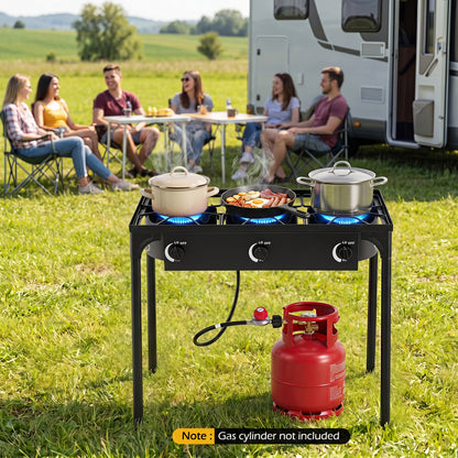 Black 3-burner propane camping stove with adjustable regulator and hose, ideal for outdoor grilling and outdoor cooking.